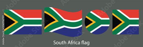 Bild auf Leinwand South Africa Flag Vector Illustration Set Featuring South African National Flags in Standard Rectangle, Waving, Round Circle, and Flat Icons Style, Isolated Design Elements on Grey Background