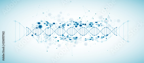Abstract medical background with blue DNA helix structure and technology hexagons. Vector illustration