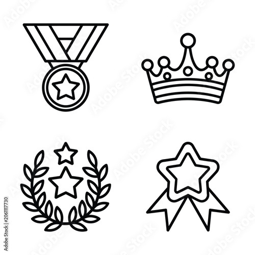 Victory award icon collection featuring championship medals, prestige crowns, laurel wreaths and achievement symbols vector illustration.