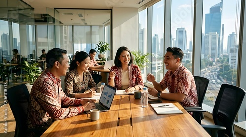 Diverse business team in batik attire collaborating in a city office