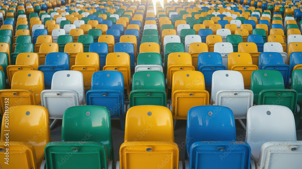 Fototapeta premium Empty stadium seats in rows with blue yellow green and white colors at sports arena.
