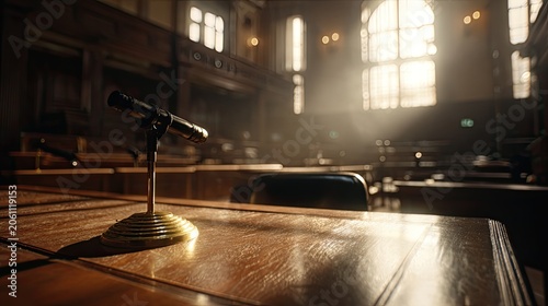 A lone microphone sits on a polished wooden table in a sun-drenched courtroom