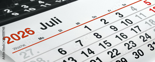 Deutscher Kalender Monat Juli  2026 rot schwarz weiss