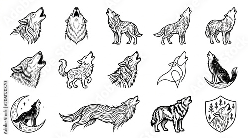 Schilderij op canvas Collection of Hand Drawn Wolf Illustrations Howling at Moon.