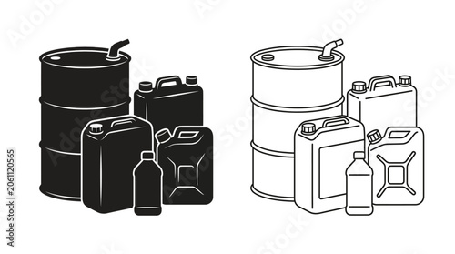 Schilderij op canvas Fuel containers and barrel black and white line drawing silhouette