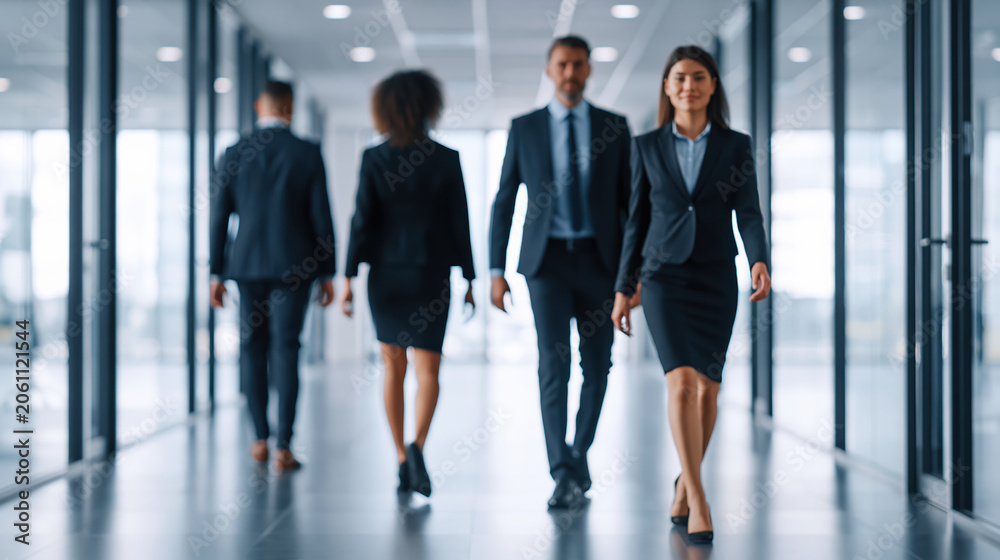 Fototapeta premium Business people walking corridor office interior group of professionals formal suit modern workplace blurred background teamwork career path