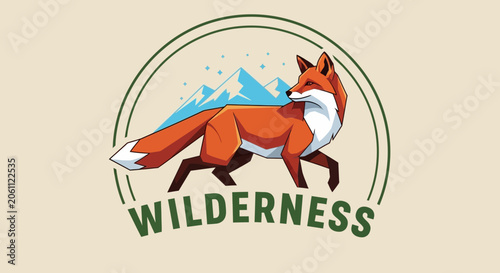 Geometric Fox Walking in Wilderness Landscape with Mountains and Snowflakes Logo
