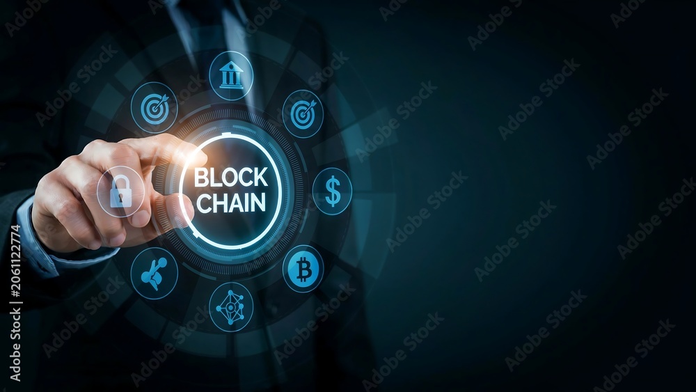 Fototapeta premium Businessman interacting with blockchain technology concept on screen