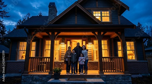 Happy diverse family standing on a house porch at twilight