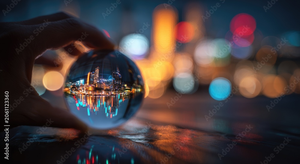 Fototapeta premium A hand holds a crystal ball reflecting a city skyline with a financial graph