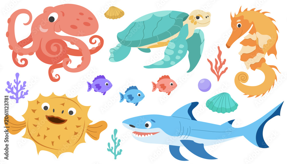 Obraz premium Marine animal set with octopus, turtle, seahorse, pufferfish, shark, fish and coral. For kids stickers, posters, cards, educational design. On light background.