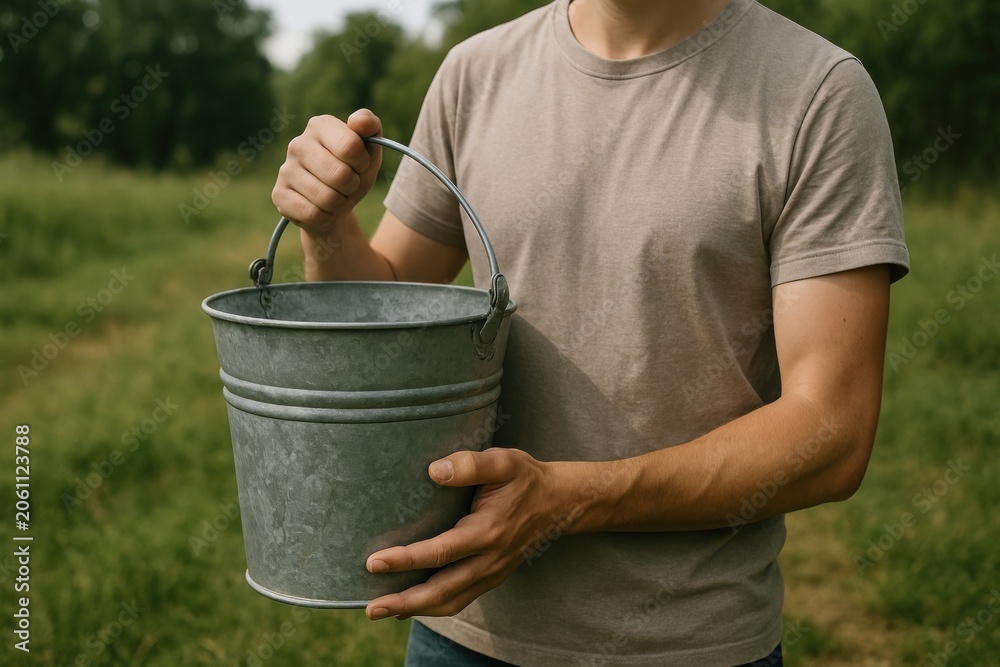 Obraz premium Man holding metal bucket outdoors.