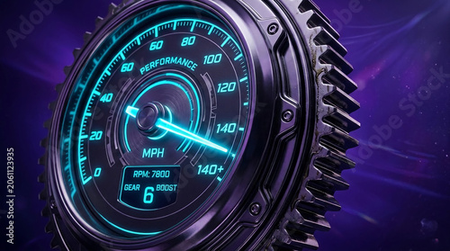 Glowing blue digital speedometer with neon accents, indicative of high performance and speed, symbolizing advanced technology and power.
