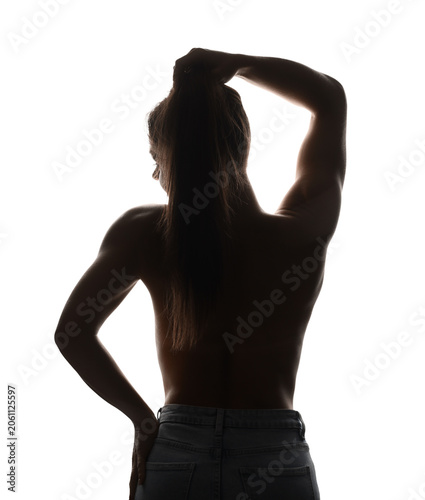Silhouette of naked woman on white background, back view