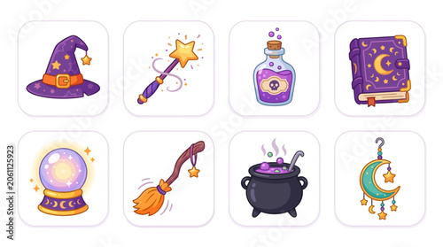 Illustration of magical items for fantasy setting with witch hat, wand, potion, and spellbook.
