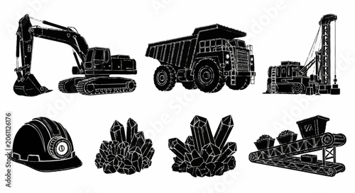 Tableau sur toile Collection of mining equipment and geological elements, including an excavator, dump truck, drill rig, hard hat, and crystal formations