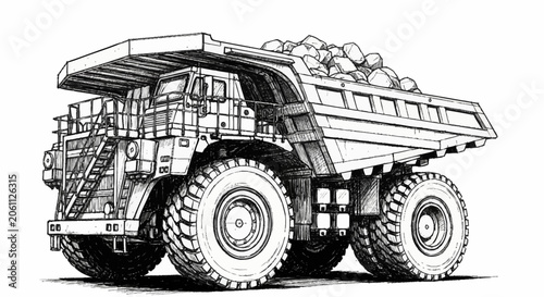 Quadro em tela Detailed sketch of a large mining dump truck loaded with rocks, emphasizing its heavy-duty construction and industrial purpose