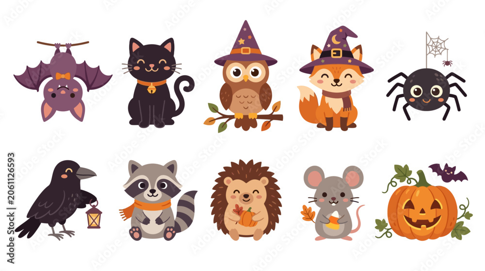 Obraz premium Halloween animals and creatures gather for a spooky celebration together outdoors at night.