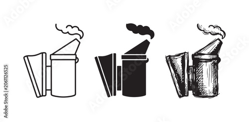 Photos Set of bee smoker illustrations showing smoke plumes, rendered in line art, filled shape, and sketch styles