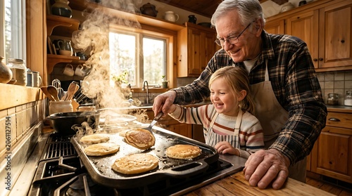 Senior man and young girl flipping pancakes in a sunny rustic kitchen