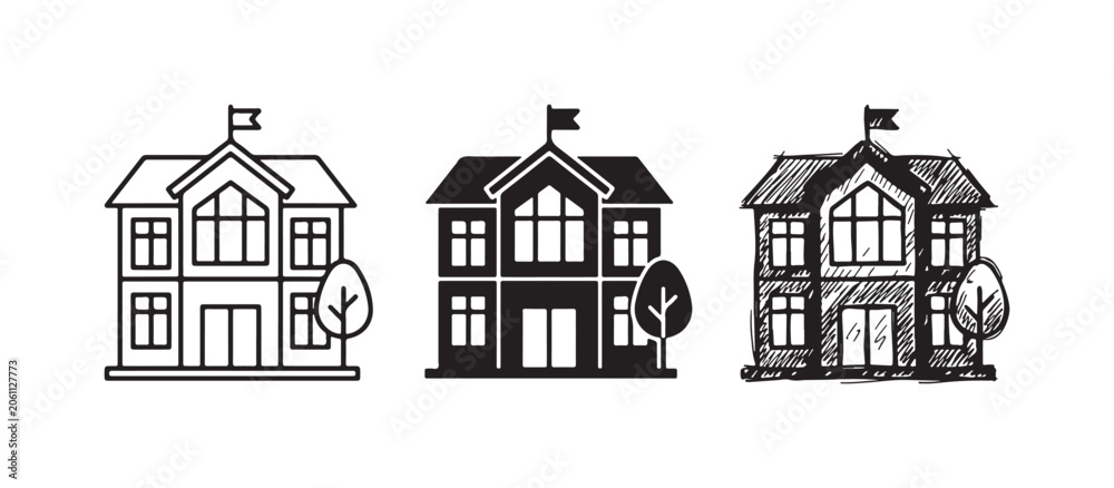 Naklejka premium School Building with Tree Icons Set