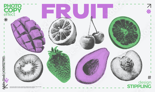 Set of fruit and berries with grunge stippling effect. Vintage dotted texture illustrations of mango, lemon, kiwi, strawberry, cherry, grapefruit, avocado, peach. Retro grainy art in halftone tones
