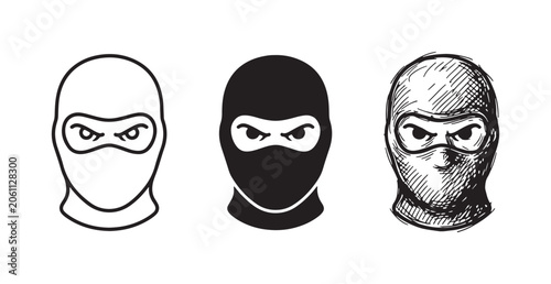 Photography Balaclava Mask with Angry Eyes Icons Set in Outline, Solid, and Sketch Styles