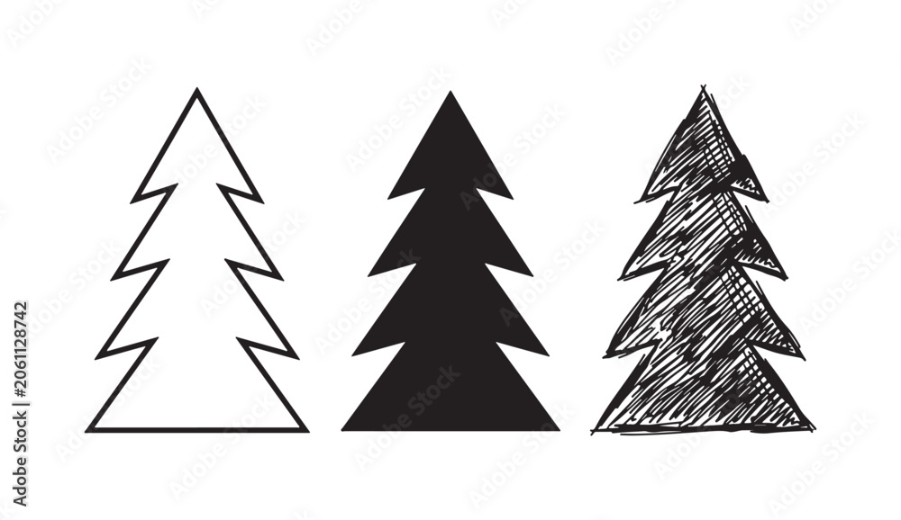 Obraz premium Stylized Evergreen Christmas Tree Icon Set - Outline, Solid, and Hand-Drawn Styles.