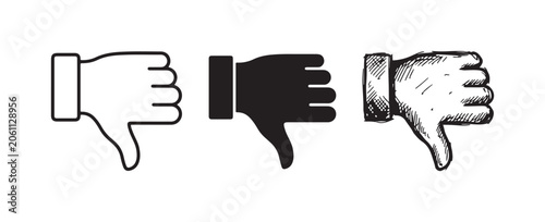 Fotografia Three thumbs down icons, representing disapproval in outline, solid black, and an expressive hand-drawn sketch style