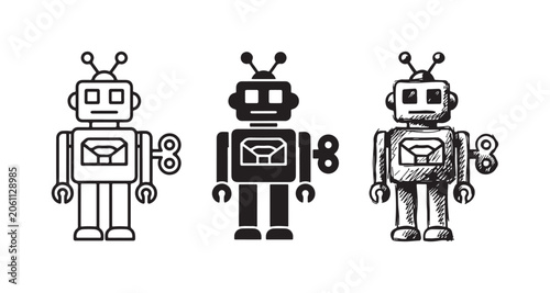 Cuadro en lienzo Wind-Up Toy Robot Icon Set in Outline, Solid, and Sketch Styles