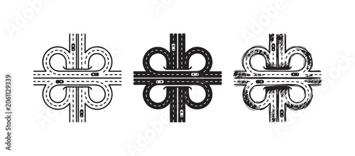Принти на полотні Cloverleaf interchange icon collection, illustrating a highway with cars, in outline, solid, and hand-drawn styles for traffic and road maps