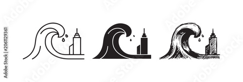 Photos Tsunami disaster warning icon collection, showing a huge wave crashing into a skyscraper, in outline, solid, and hand-drawn styles