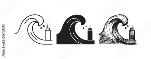 Photos Tsunami natural disaster icon set, depicting a large ocean wave engulfing a city building, in outline, solid, and hand-drawn styles