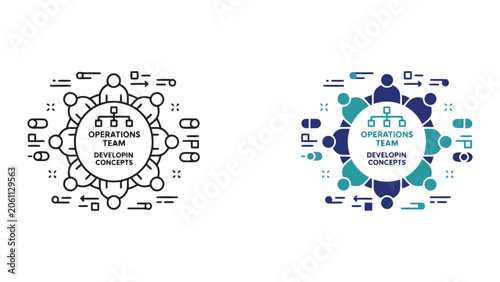 Obraz na płótnie Operations team developing concepts around a central organizational chart as a p