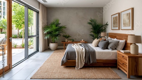 Scandinavian tropical fusion bedroom with natural materials, warm ambiance and garden connection