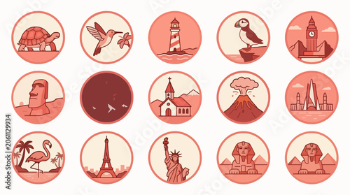 Set of Twelve Circular Vector Illustrations Iconic Landmarks and Nature Scenes For Commercial Use