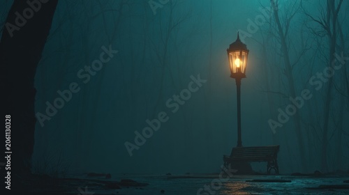 Old fashioned street lamp illuminates a desolate, misty park setting at night