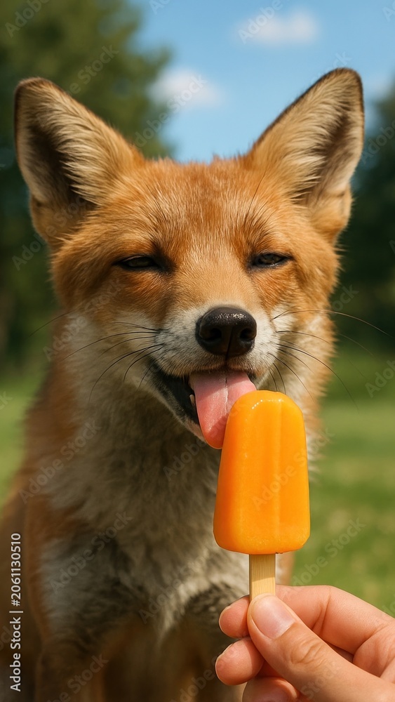 Fototapeta premium Fox enjoying orange popsicle outdoors