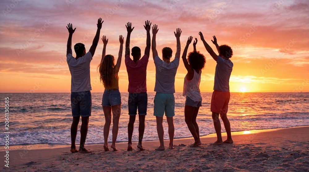 Obraz premium Diverse group of friends celebrating on beach at sunset, happy young people with arms raised by the ocean, summer vacation and friendship concept
