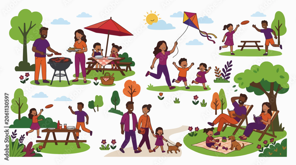 Naklejka premium Flat Vector Illustration Family Picnic Outdoor Activities Summer Day Commercial Use