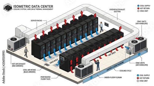 Isometric 3D illustration of modern data center server room with labeled cooling system racks network infrastructure representing cloud computing IT infrastructure technology diagram