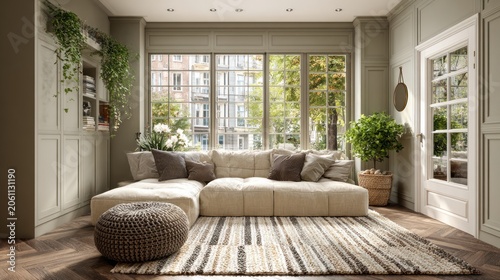 Comfortable living room interior features plush seating and abundant natural light near large windows overlooking an urban scene