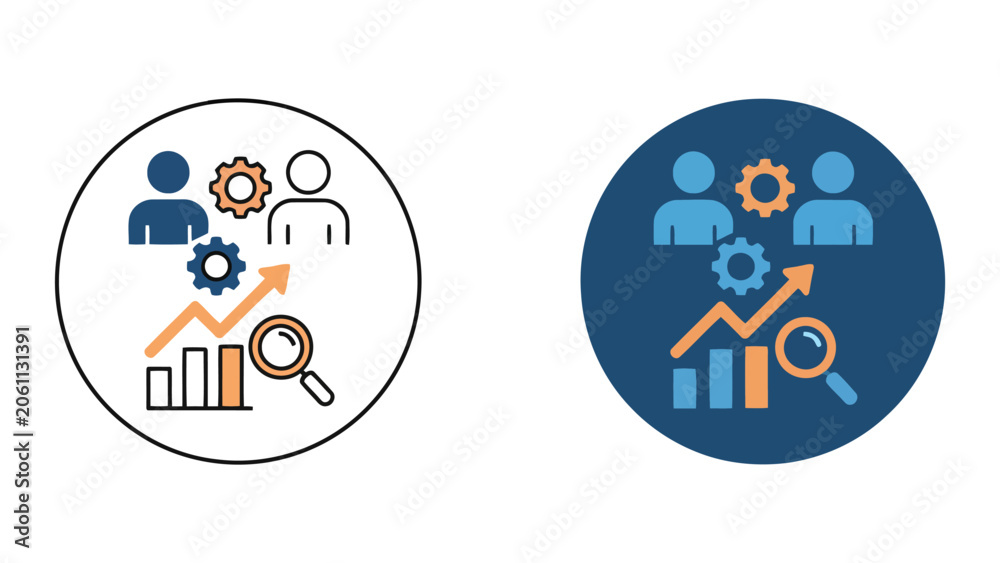 Fototapeta premium Business team analyzing financial growth with bar charts and magnifying glass flat vector illustration representing market research and performance analytics for corporate strategic business planning