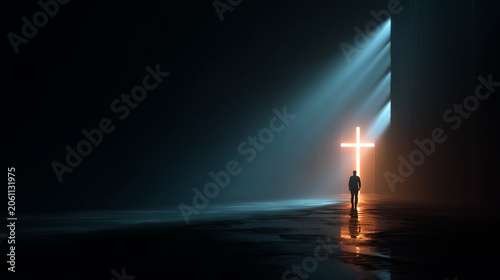 person standing before illuminated christian cross in darkness symbolizing faith hope and spiritual guidance