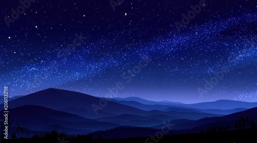 Numerous bright stars form a galaxy overhead above layered dark mountain silhouettes.