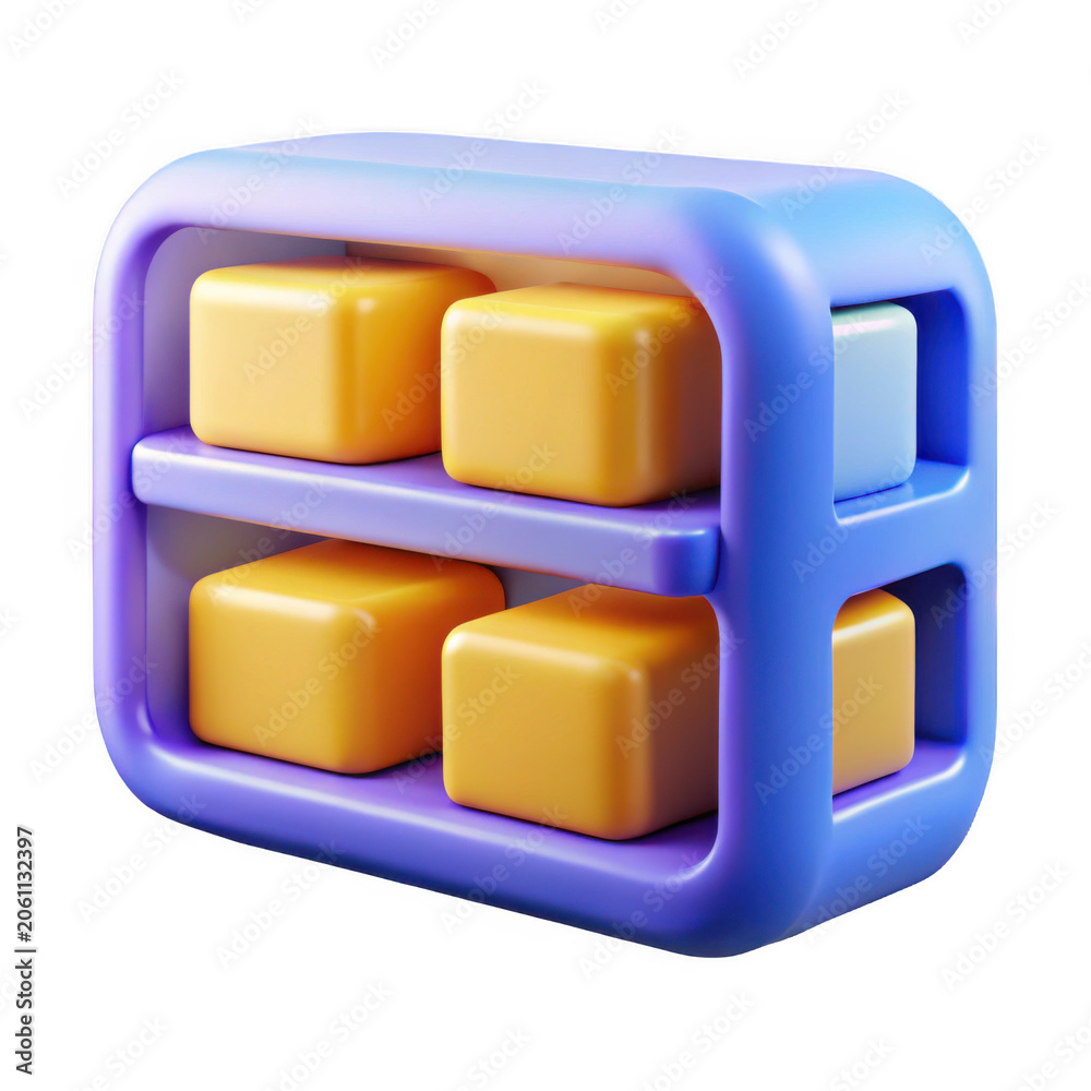 Fototapeta premium 3D rendered cube storage unit with yellow and blue blocks during soft studio lighting Isolated on transparent background