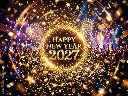 Happy new year 2027, joyous crowd celebrating with fireworks and golden confetti, vibrant festive atmosphere.