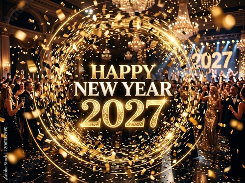 Happy new year 2027, people celebrating with champagne and confetti at a luxurious gala, festive party atmosphere.