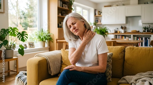 Senior woman sitting on yellow sofa at home touching her neck in pain with discomfort expression representing neck stiffness chronic pain elderly health problem muscle tension cervical strain