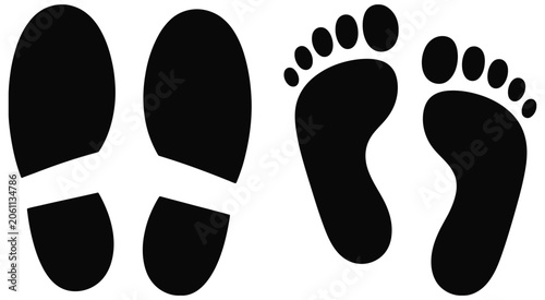 Footprints and feet illustration set featuring bare feet, toes, shoe prints and walking track outlines in vector style.